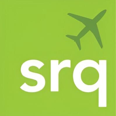 Green SRQ logo with airplane silhouette